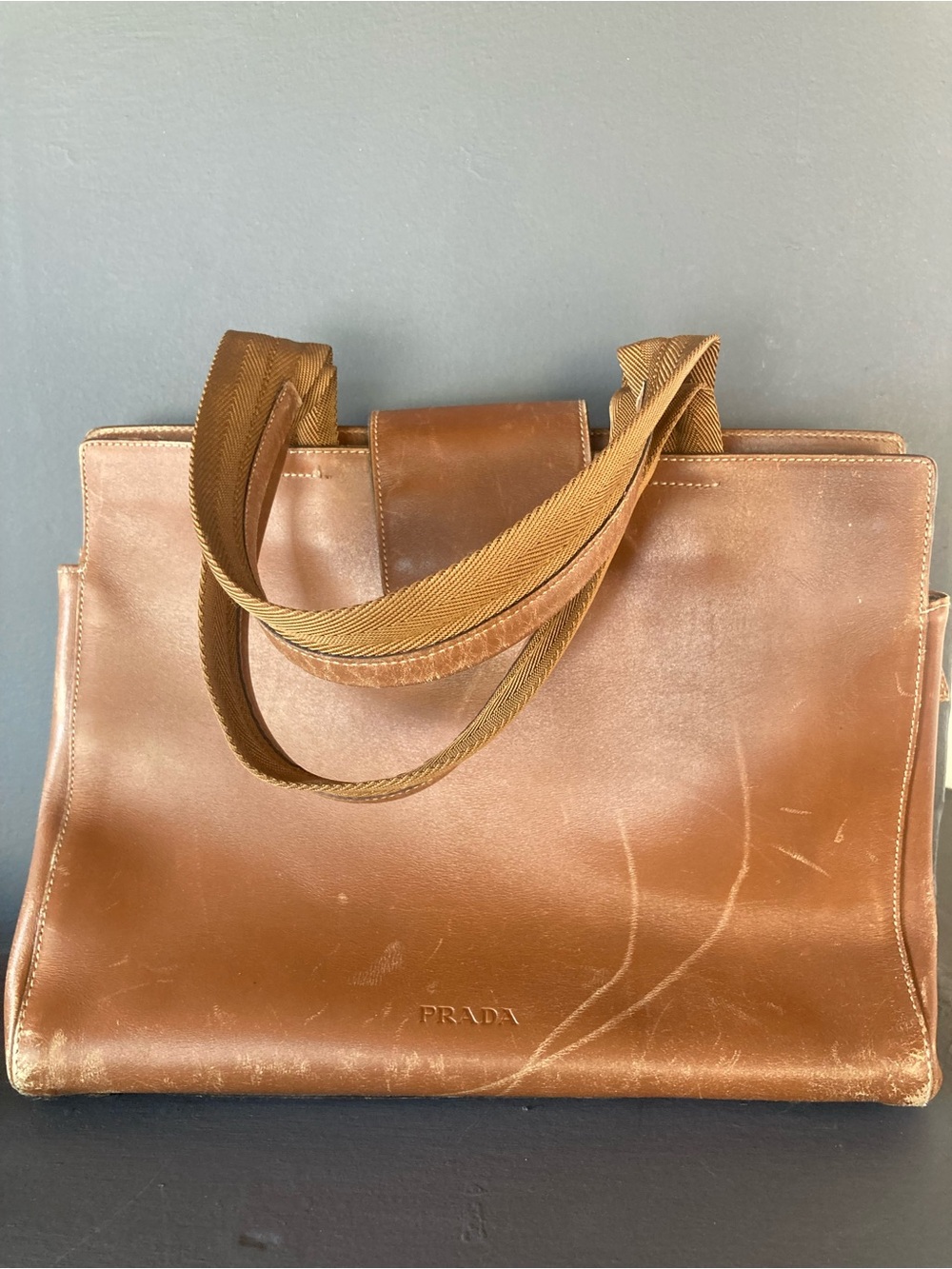 Vintage Prada Cognac Leather Tote with Webbed Shoulder Straps